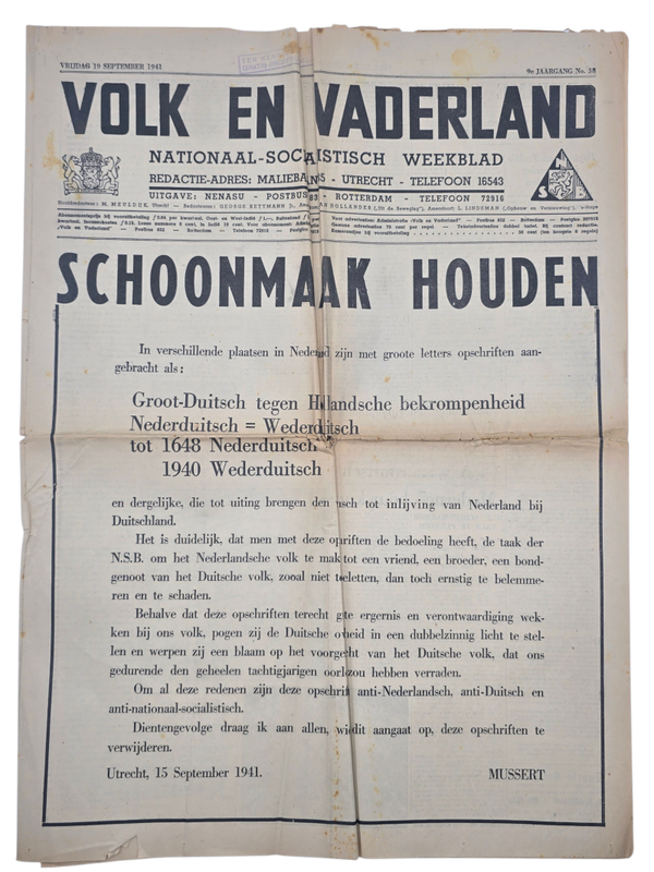 Original WW2 Dutch Collaboration NSB Newspaper - Volk en Vaderland, 9th year no. 38 (1941)