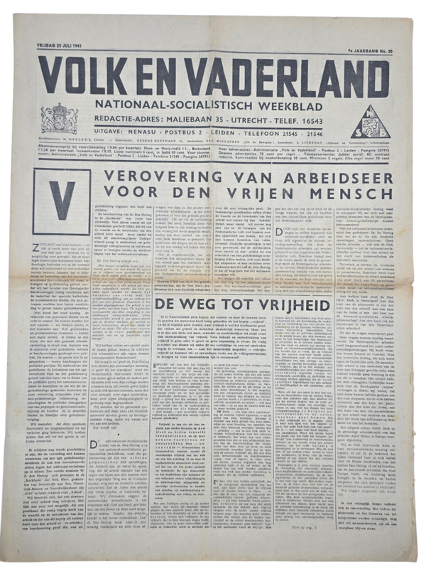 Original WW2 Dutch Collaboration NSB Newspaper - Volk en Vaderland, 9th year no. 30, antisemitic imperator caricature (1941)