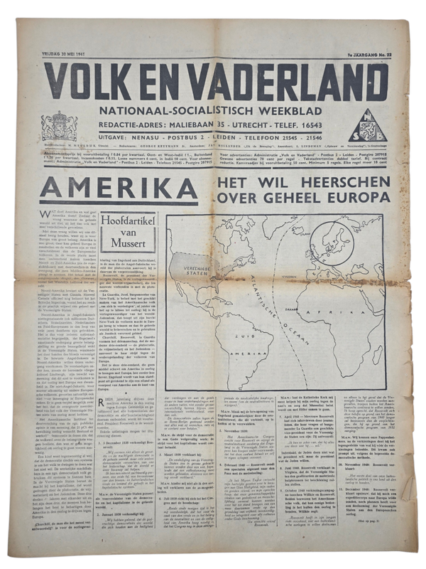 Original WW2 Dutch Collaboration NSB Newspaper - Volk en Vaderland, 9th year no. 22 (1941)