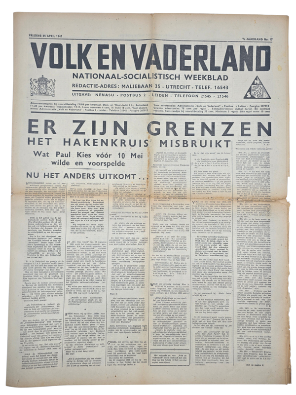 Original WW2 Dutch Collaboration NSB Newspaper - Volk en Vaderland, 9th year no. 17 (1941)