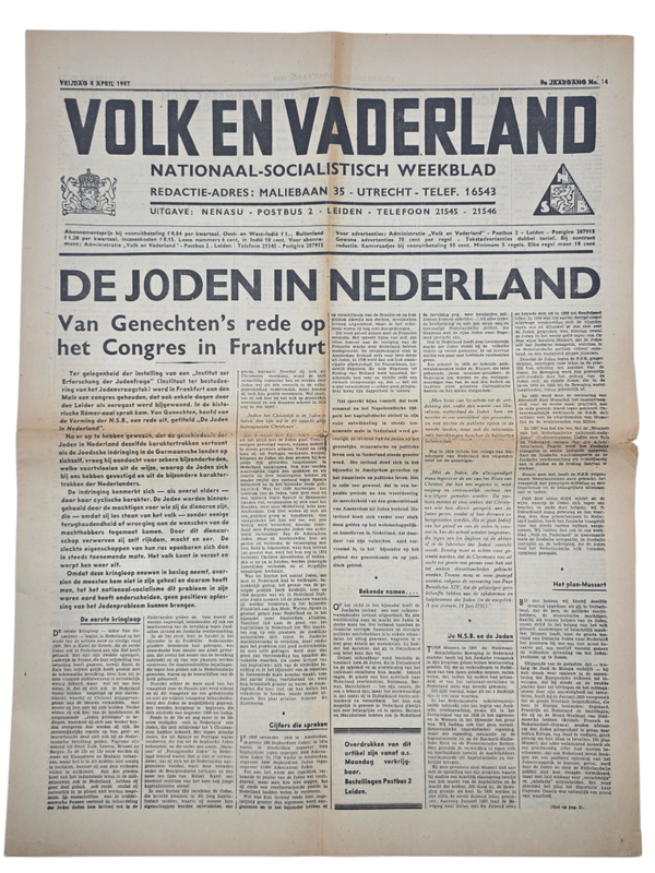 Original WW2 Dutch Collaboration NSB Newspaper - Volk en Vaderland, 9th year no. 14, Jews in Holland (1941)