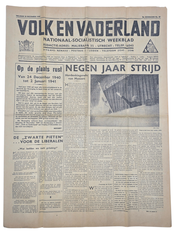 Original WW2 Dutch Collaboration NSB Newspaper - Volk en Vaderland, 8th year no. 50, 9th year NSB, Veilinggebouw Utrecht (1940)