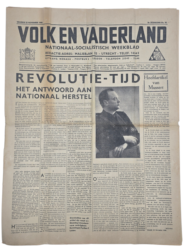 Original WW2 Dutch Collaboration NSB Newspaper - Volk en Vaderland, 8th year no. 46, Anton Mussert (1940)