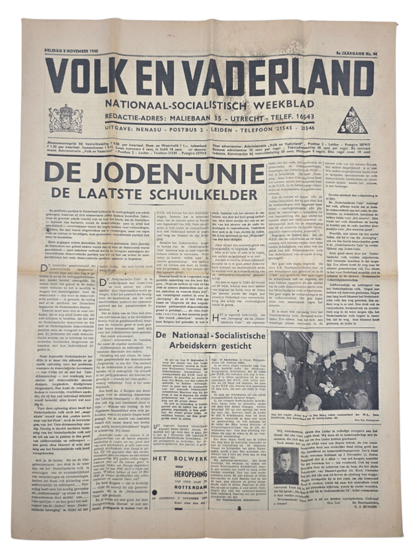 Original WW2 Dutch Collaboration NSB Newspaper - Volk en Vaderland, 8th year no. 44, Joden-Unie (1940)