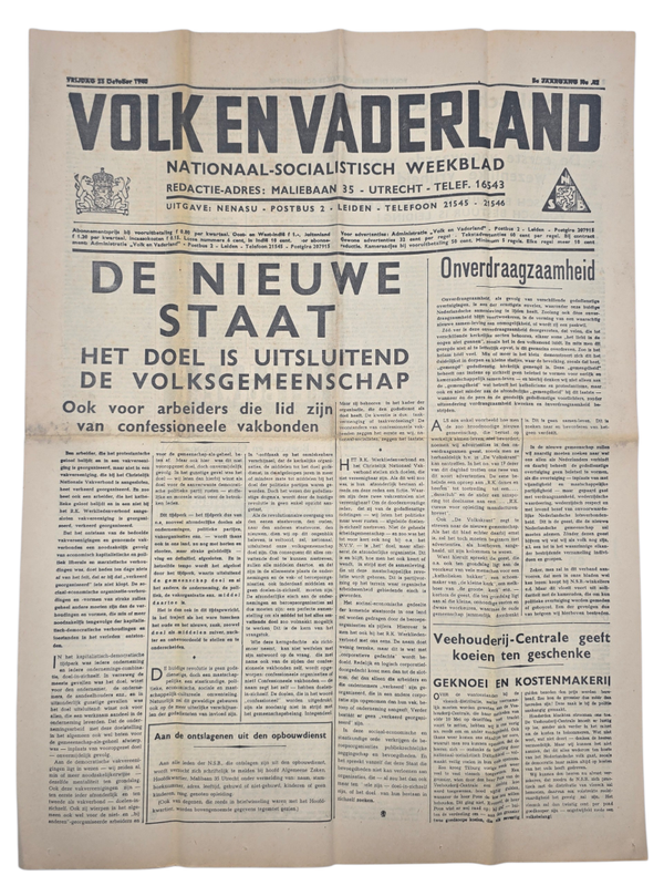 Original WW2 Dutch Collaboration NSB Newspaper - Volk en Vaderland, 8th year no. 42, Kaderschool Deurne (1940)