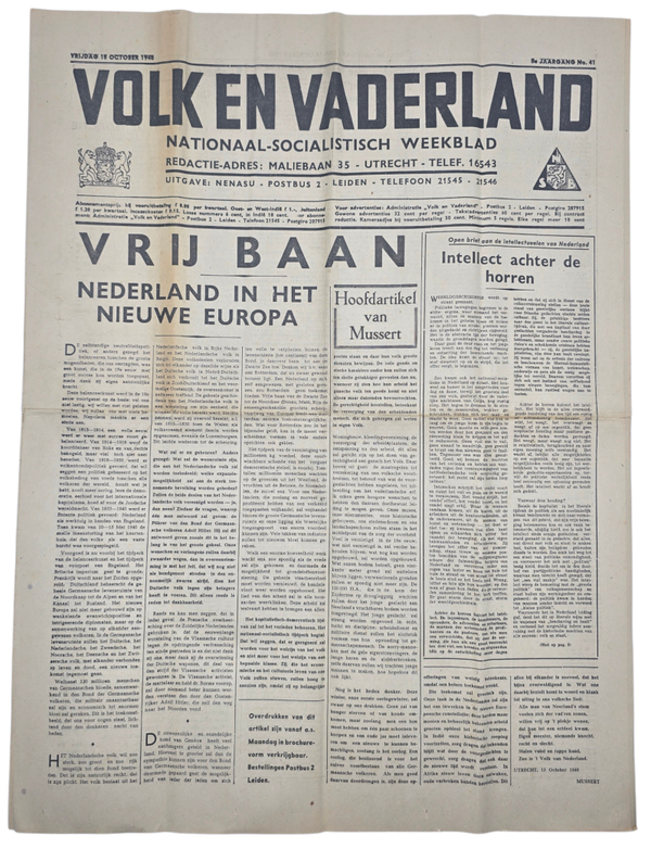 Original WW2 Dutch Collaboration NSB Newspaper - Volk en Vaderland, 8th year no. 41 (1940)