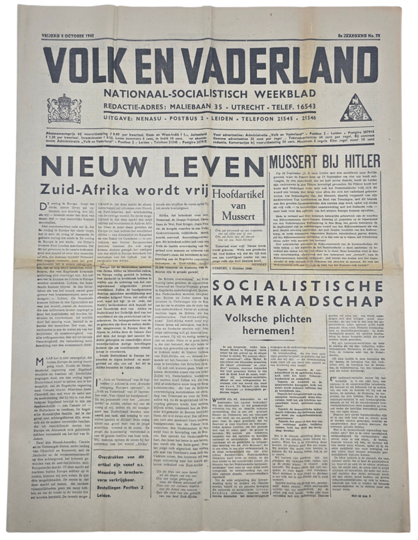 Original WW2 Dutch Collaboration NSB Newspaper - Volk en Vaderland, 8th year no. 39, Mussert visits Hitler (1940)