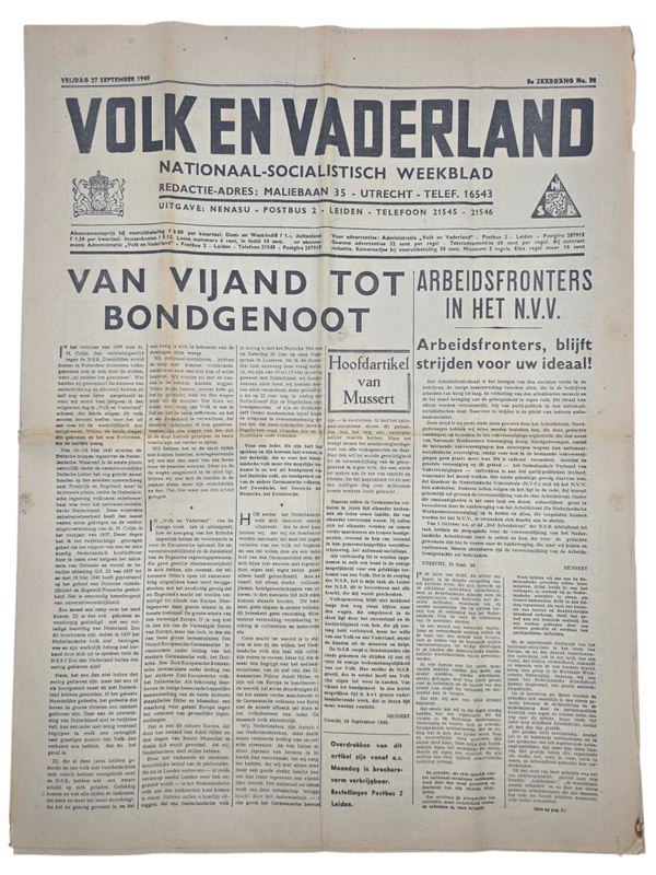 Original WW2 Dutch Collaboration NSB Newspaper - Volk en Vaderland, 8th year no. 38 (1940)