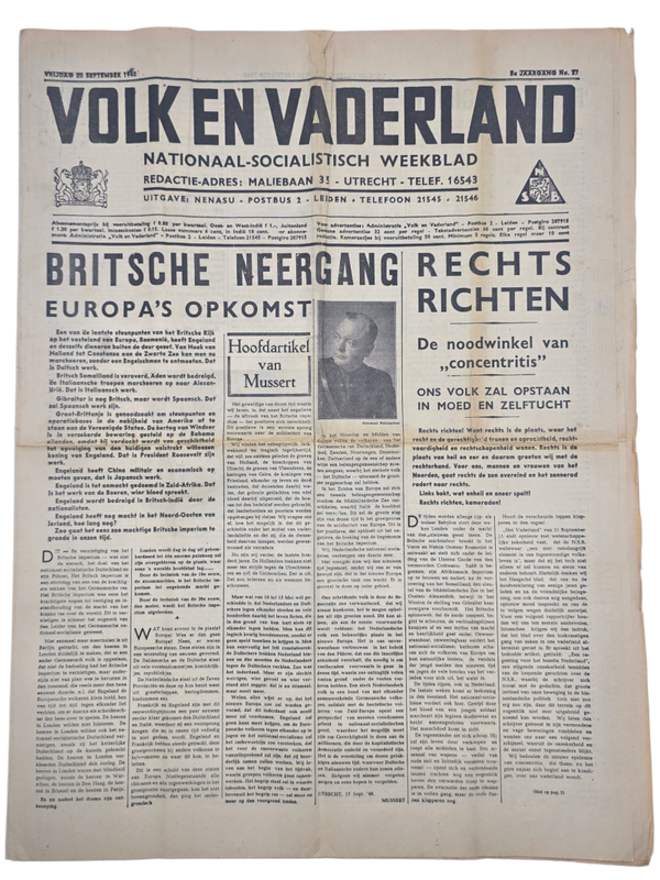 Original WW2 Dutch Collaboration NSB Newspaper - Volk en Vaderland, 8th year no. 37, Funeral Peter Ton (1940)
