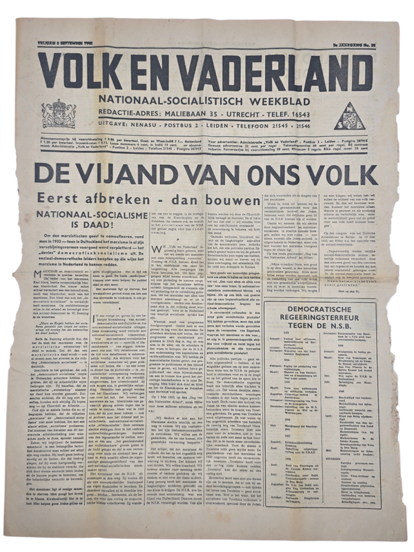 Original WW2 Dutch Collaboration NSB Newspaper - Volk en Vaderland, 8th year no. 35 (1940)