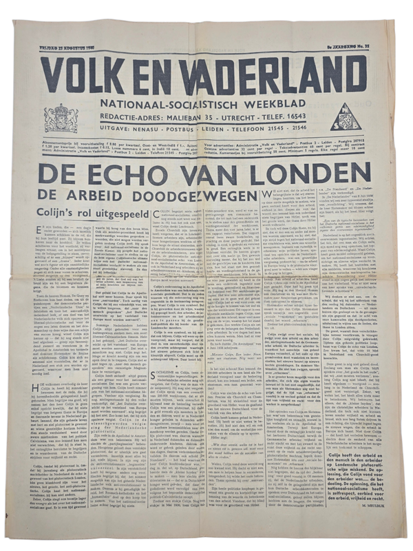 Original WW2 Dutch Collaboration NSB Newspaper - Volk en Vaderland, 8th year no. 33 (1940)