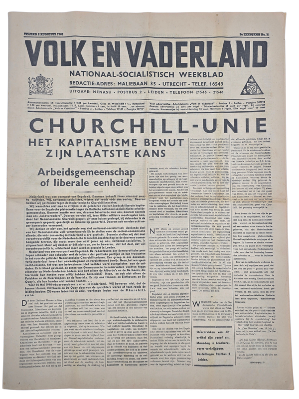 Original WW2 Dutch Collaboration NSB Newspaper - Volk en Vaderland, 8th year no. 31 (1940)