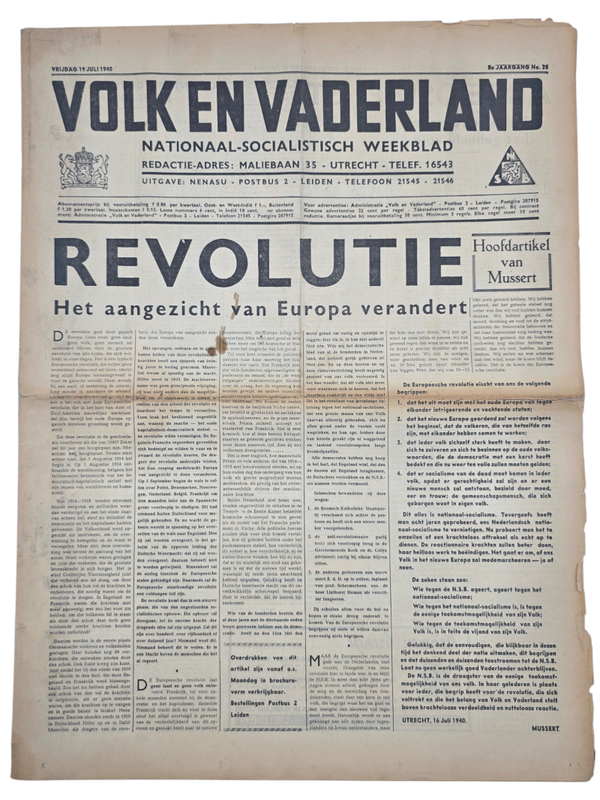Original WW2 Dutch Collaboration NSB Newspaper - Volk en Vaderland, 8th year no. 28 (1940)