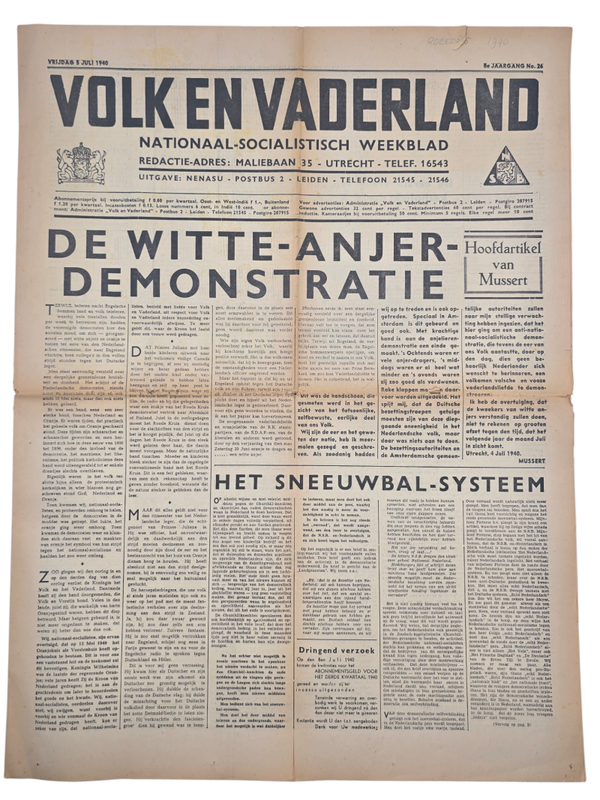 Original WW2 Dutch Collaboration NSB Newspaper - Volk en Vaderland, 8th year no. 26 (1940)