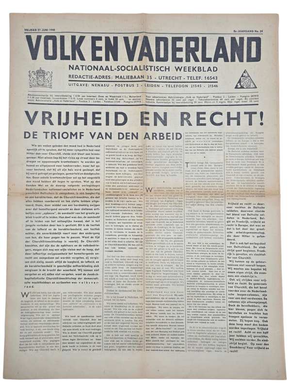 Original WW2 Dutch Collaboration NSB Newspaper - Volk en Vaderland, 8th year no. 24 (1940)