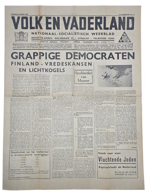 Original WW2 Dutch Collaboration NSB Newspaper - Volk en Vaderland, 8th year no. 10 (1940)