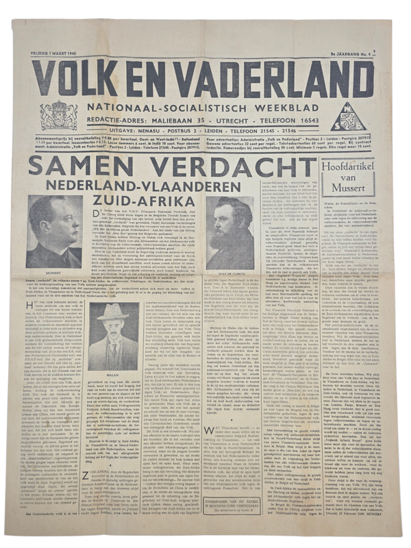 Original WW2 Dutch Collaboration NSB Newspaper - Volk en Vaderland, 8th year no. 9 (1940)