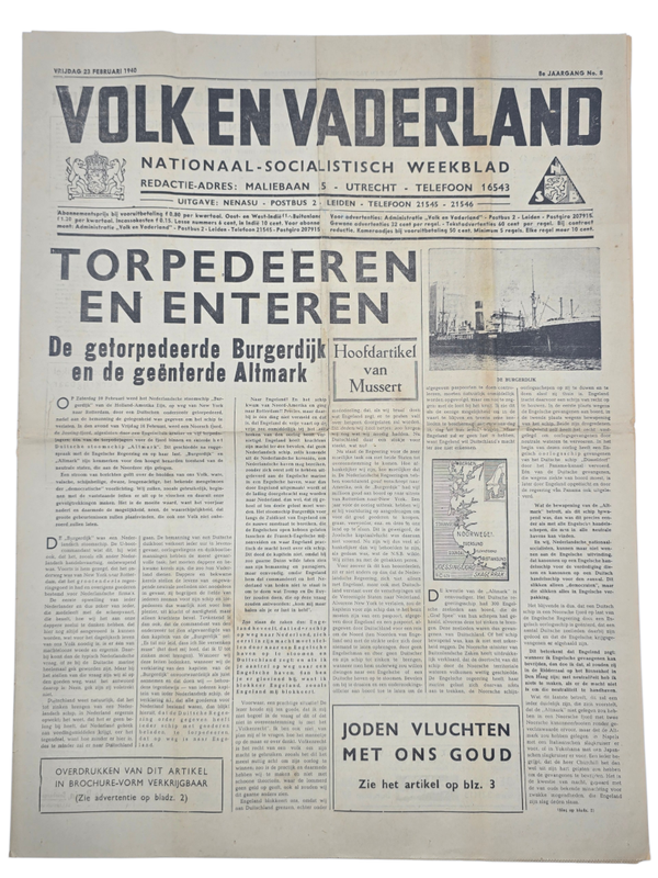 Original WW2 Dutch Collaboration NSB Newspaper - Volk en Vaderland, 8th year no. 8 (1940)