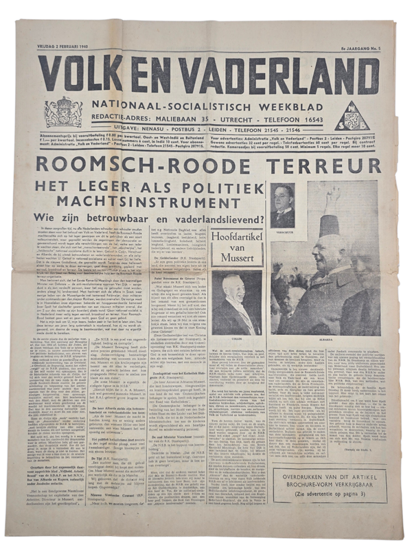 Original WW2 Dutch Collaboration NSB Newspaper - Volk en Vaderland, 8th year no. 5 (1940)