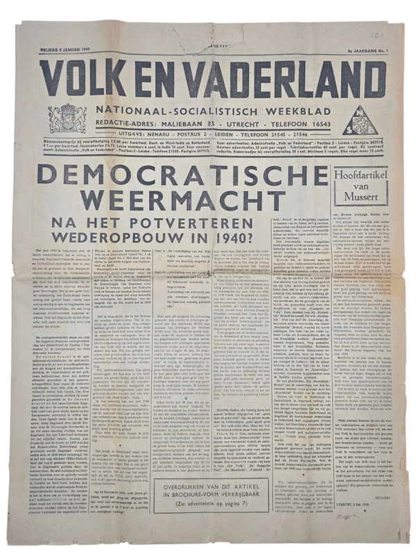 Original WW2 Dutch Collaboration NSB Newspaper - Volk en Vaderland, 8th year no. 1 (1940)