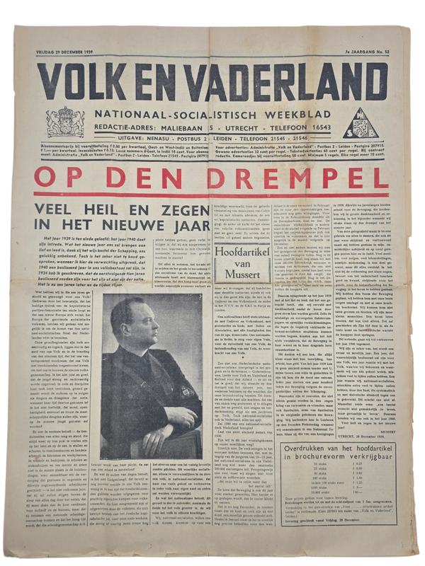 Original WW2 Dutch Collaboration NSB Newspaper - Volk en Vaderland, 7th year no. 52, Mussert (1939)