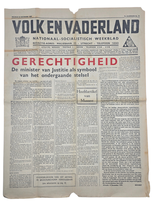 Original WW2 Dutch Collaboration NSB Newspaper - Volk en Vaderland, 7th year no. 51 (1939)