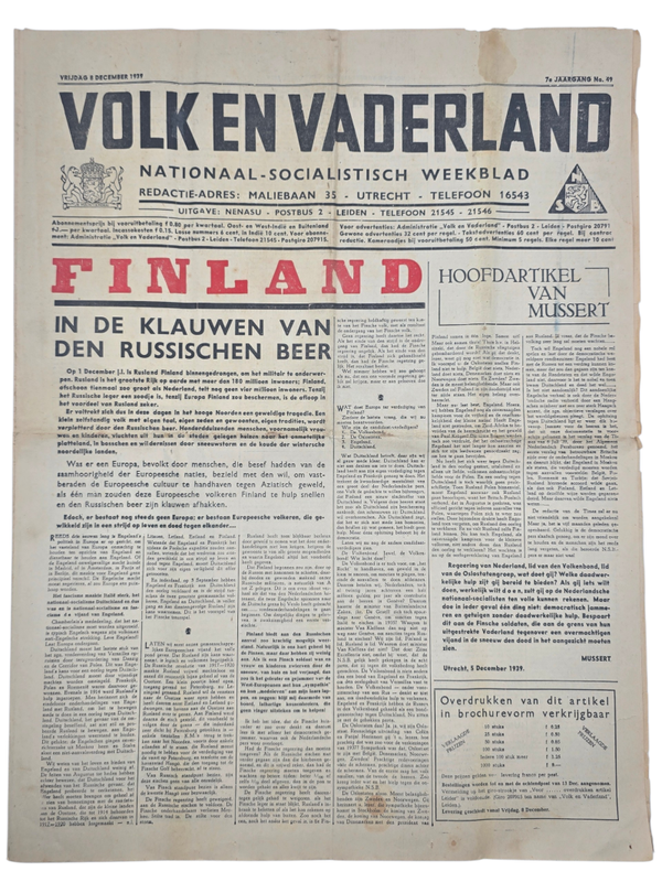 Original WW2 Dutch Collaboration NSB Newspaper - Volk en Vaderland, 7th year no. 49 (1939)