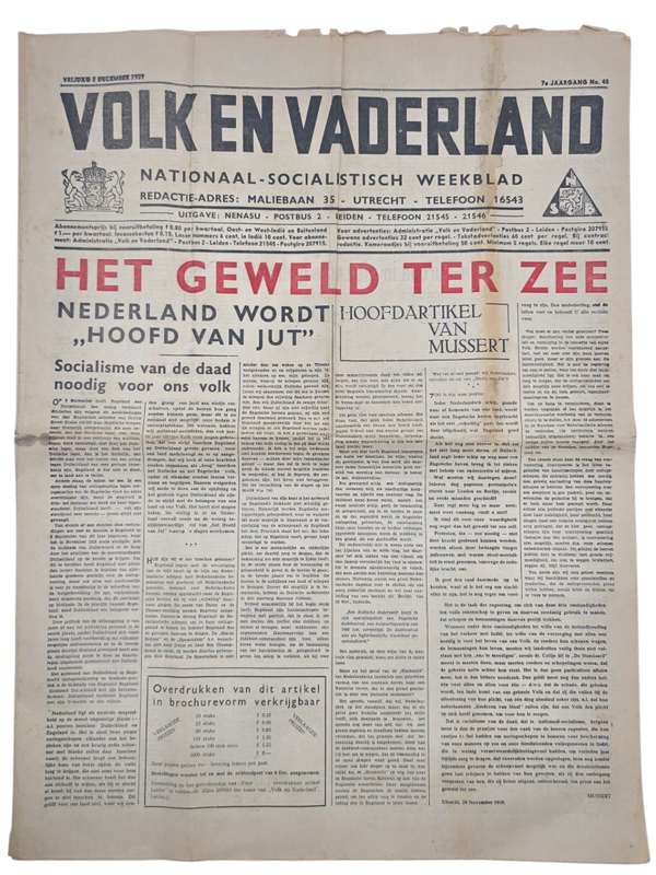 Original WW2 Dutch Collaboration NSB Newspaper - Volk en Vaderland, 7th year no. 48 (1939)