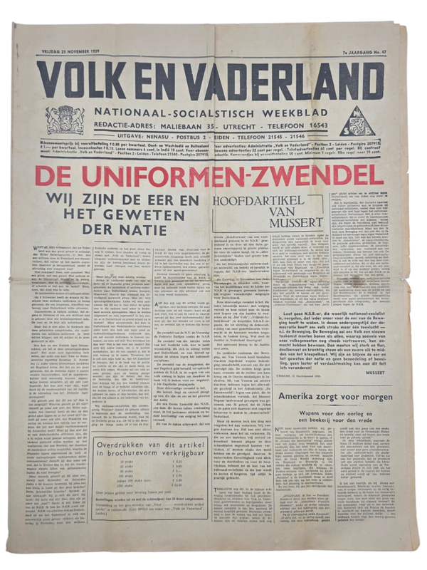 Original WW2 Dutch Collaboration NSB Newspaper - Volk en Vaderland, 7th year no. 47 (1939)