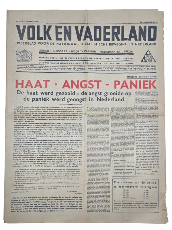 Original WW2 Dutch Collaboration NSB Newspaper - Volk en Vaderland, 7th year no. 46 (1939)