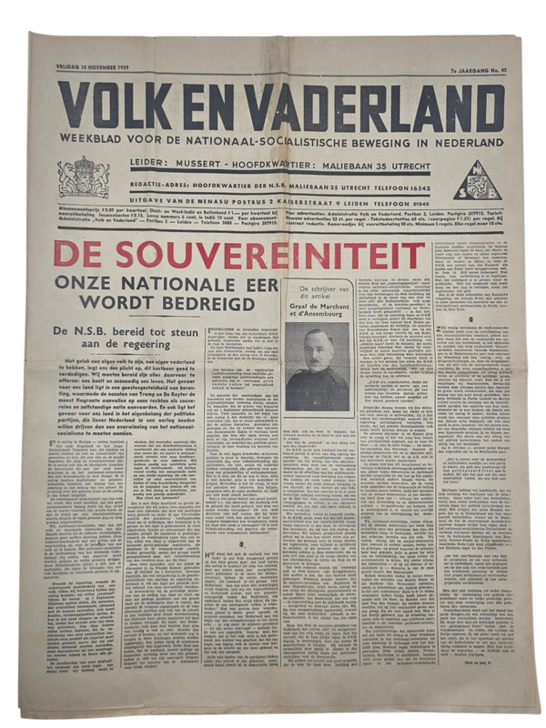 Original WW2 Dutch Collaboration NSB Newspaper - Volk en Vaderland, 7th year no. 45 (1939)
