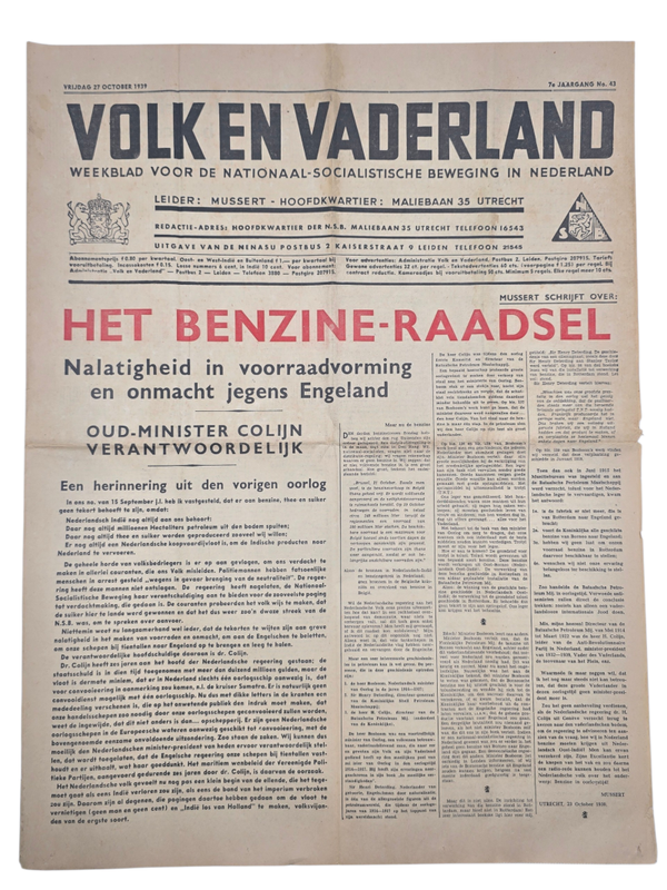 Original WW2 Dutch Collaboration NSB Newspaper - Volk en Vaderland, 7th year no. 43 (1939)