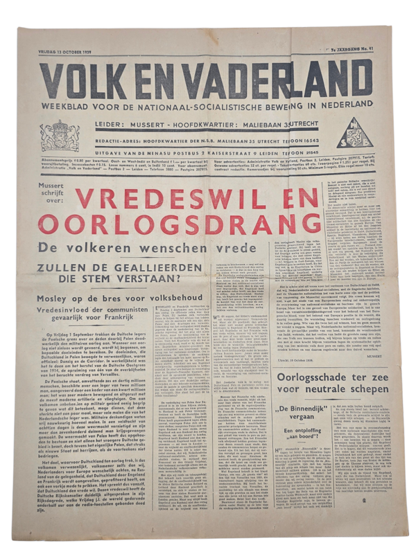 Original WW2 Dutch Collaboration NSB Newspaper - Volk en Vaderland, 7th year no. 41 (1939)