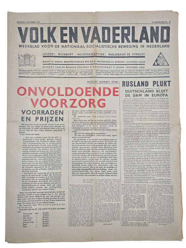 Original WW2 Dutch Collaboration NSB Newspaper - Volk en Vaderland, 7th year no. 40 (1939)