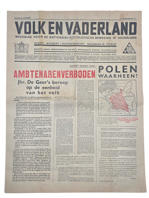 Original WW2 Dutch Collaboration NSB Newspaper - Volk en Vaderland, 7th year no. 38, Poland (1939)
