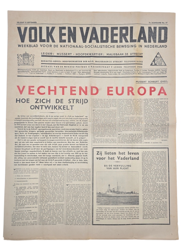 Original WW2 Dutch Collaboration NSB Newspaper - Volk en Vaderland, 7th year no. 37 (1939)