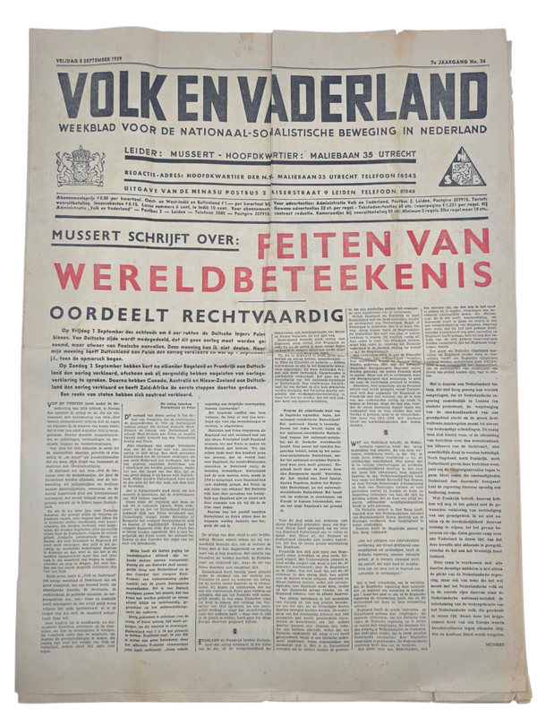 Original WW2 Dutch Collaboration NSB Newspaper - Volk en Vaderland, 7th year no. 36 (1939)