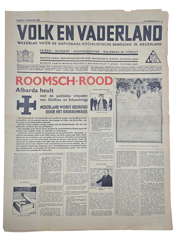 Original WW2 Dutch Collaboration NSB Newspaper - Volk en Vaderland, 7th year no. 32 (1939)