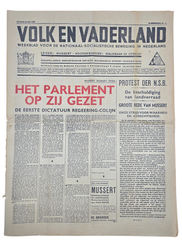 Original WW2 Dutch Collaboration NSB Newspaper - Volk en Vaderland, 7th year no. 30 (1939)