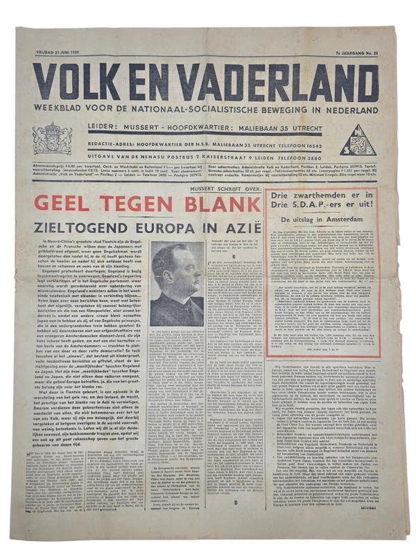 Original WW2 Dutch Collaboration NSB Newspaper - Volk en Vaderland, 7th year no. 25 (1939)