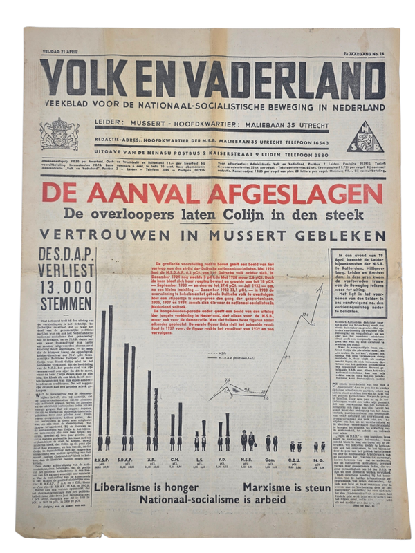 Original WW2 Dutch Collaboration NSB Newspaper - Volk en Vaderland, 7th year no. 16, Hagespraak Lunteren (1939)
