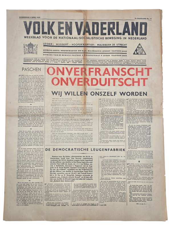 Original WW2 Dutch Collaboration NSB Newspaper - Volk en Vaderland, 7th year no. 14 (1939)