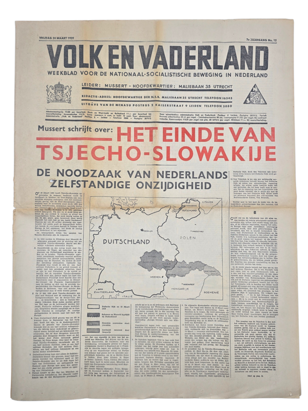 Original WW2 Dutch Collaboration NSB Newspaper - Volk en Vaderland, 7th year no. 12, Czechoslovakia (1939)