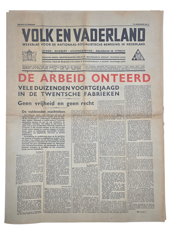 Original WW2 Dutch Collaboration NSB Newspaper - Volk en Vaderland, 7th year no. 8 (1939)