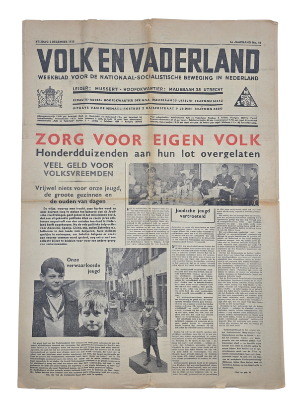 Original WW2 Dutch Collaboration NSB Newspaper - Volk en Vaderland, 6th year no. 48 (1938)