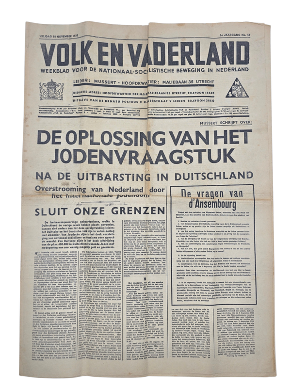Original WW2 Dutch Collaboration NSB Newspaper - Volk en Vaderland, 6th year no. 46, Jewish question (1938)