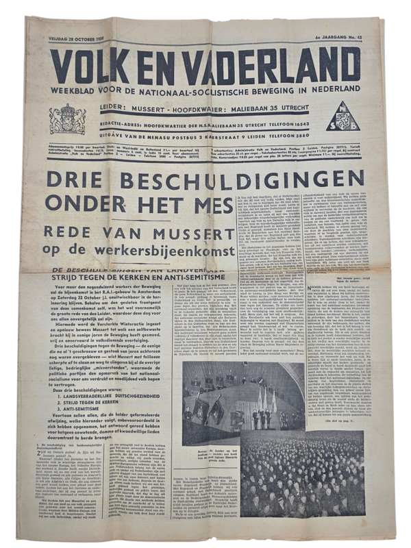 Original WW2 Dutch Collaboration NSB Newspaper - Volk en Vaderland, 6th year no. 43, Gathering RAI Amsterdam (1938)