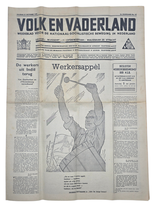 Original WW2 Dutch Collaboration NSB Newspaper - Volk en Vaderland, 6th year no. 42, Werkersappel (1938)