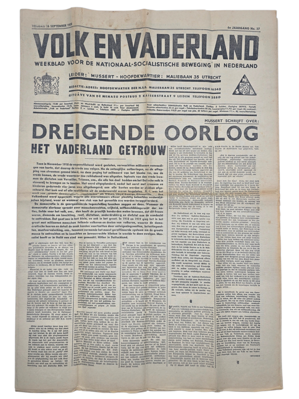 Original WW2 Dutch Collaboration NSB Newspaper - Volk en Vaderland, 6th year no. 37 (1938)