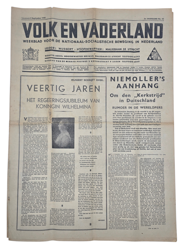 Original WW2 Dutch Collaboration NSB Newspaper - Volk en Vaderland, 6th year no. 35, Wilhelmina (1938)